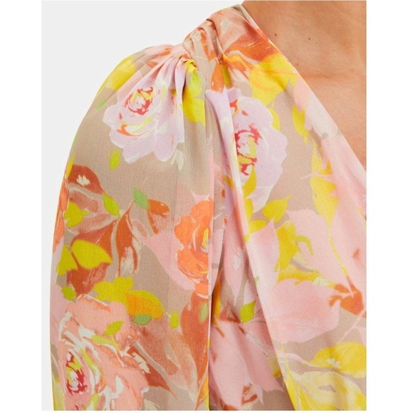 RONNY KOBO Floral Chiffon Puff Long Sleeve Pleated V-Neck Open Back Tie Dress XS - Picture 6 of 8